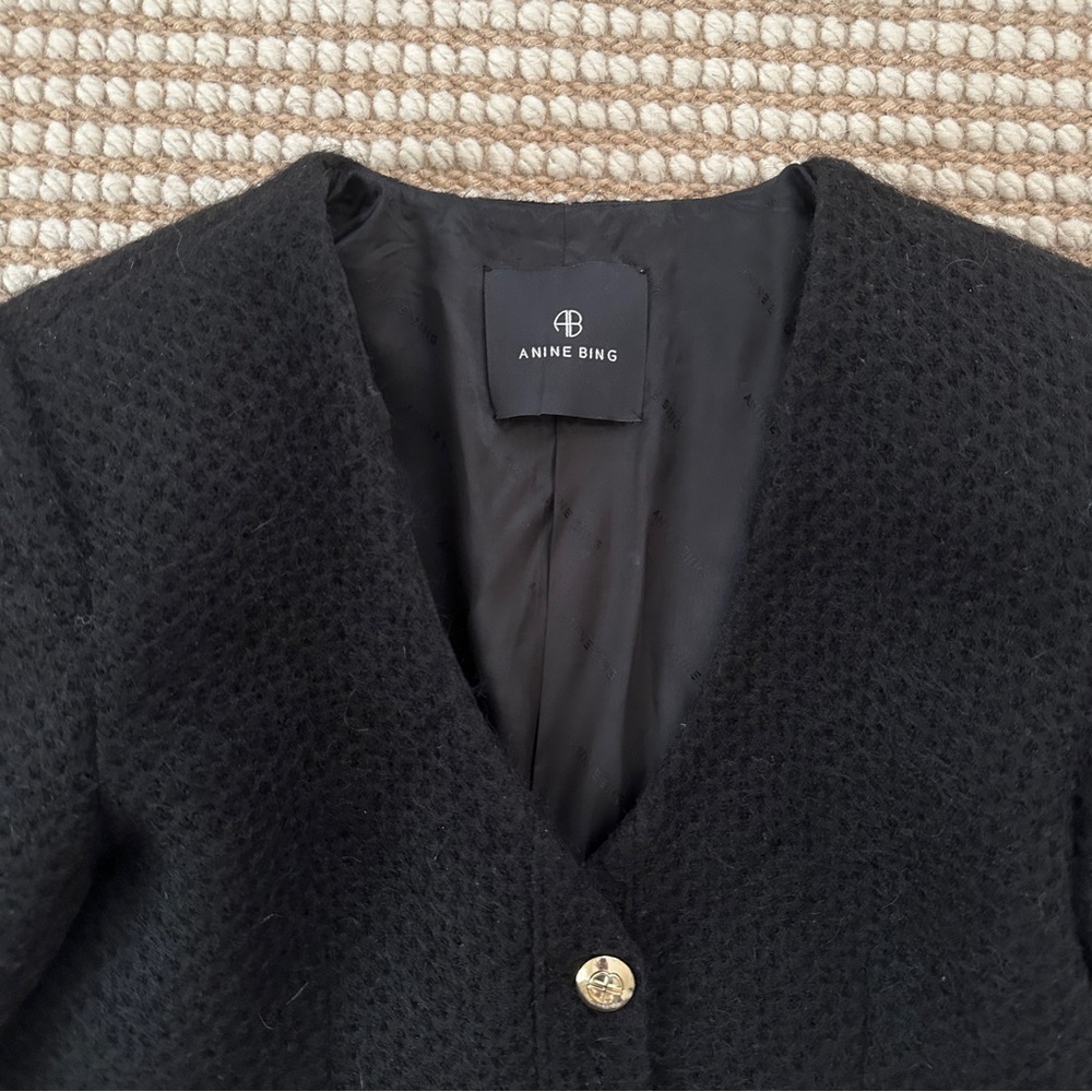 Anine Bing Black Cropped Bouclé Blazer Cardigan Gold Crest Buttons Luxe Knitwear